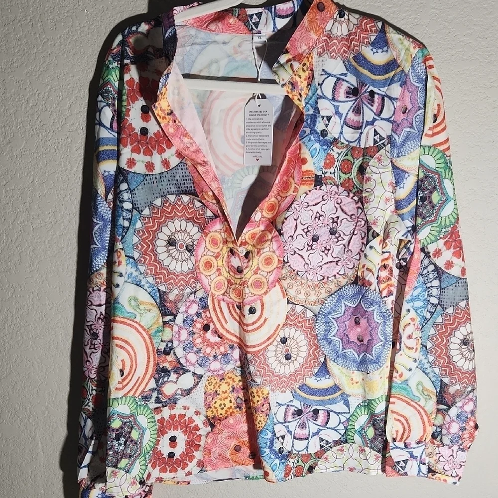 Graphic Shape Floral Frenzy Long Sleeve Button Down Shirt y2k vibe size XL Boho
